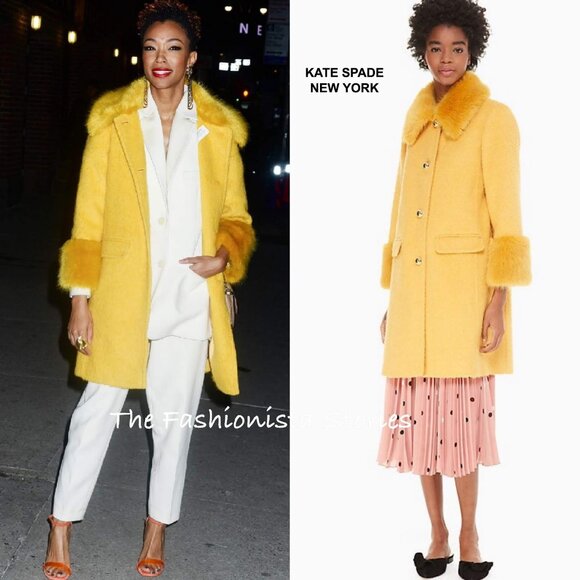 ๐ฅ๐SHOWSTOPPER!๐๐ฅKATE SPADE YELLOW FLUFFY WOOL COAT W/ FUR COLLAR & CUFFS - Picture 2 of 16